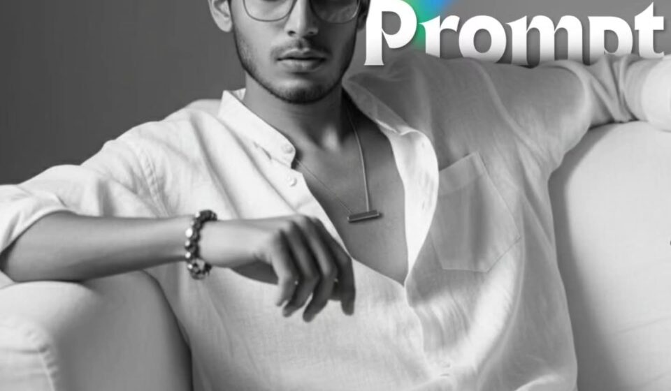 Ultra-detailed, hyper-realistic 4K black-and-white high-fashion editorial portrait of the uploaded person (face and physique as reference). Seated on a sleek white sofa, leaning back in a powerful, heroic pose. Wearing a loose white Zara full-sleeve shirt, slightly unbuttoned to reveal a stainless steel rectangular bar pendant. Right hand rests on the sofa holding Ray-Ban glasses, wrist adorned with a Hematite 'Roman Warrior' bracelet. Dramatic lighting, sharp contrast, timeless elegance.