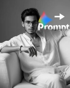 Ultra-detailed, hyper-realistic 4K black-and-white high-fashion editorial portrait of the uploaded person (face and physique as reference). Seated on a sleek white sofa, leaning back in a powerful, heroic pose. Wearing a loose white Zara full-sleeve shirt, slightly unbuttoned to reveal a stainless steel rectangular bar pendant. Right hand rests on the sofa holding Ray-Ban glasses, wrist adorned with a Hematite 'Roman Warrior' bracelet.
Dramatic lighting, sharp contrast, timeless elegance.