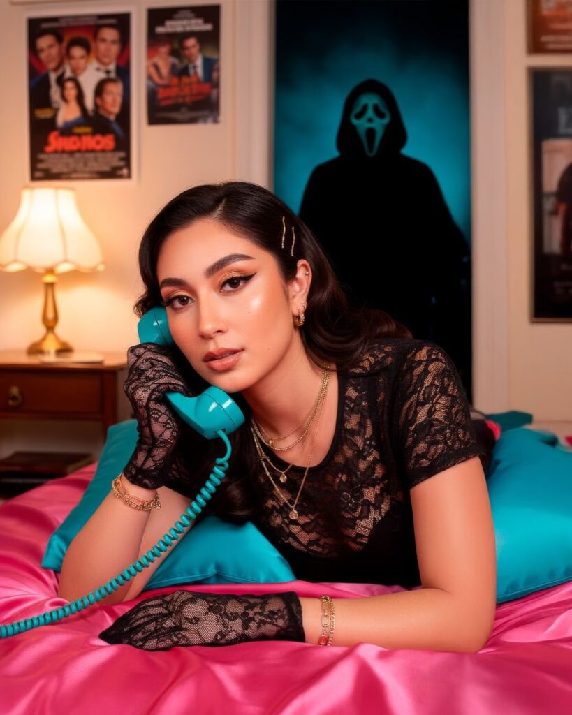 /PROMPT:
"Hyper-realistic and cinematic portrait of a woman maintaining her real face, original hair color, and authentic facial features entirely (without any alteration).
She is lying on a bed with hot pink satin sheets, propped up on her side while holding a turquoise retro telephone.
The setting has a 90s aesthetic, with classic movie posters on the walls, an antique golden lamp on the nightstand, and a masked "Scream" (Ghostface) character appearing subtly in the background.
The hair is natural, in its true shade, and styled with light volume and soft waves, enhanced by discreet golden hair clips.
The makeup is retro editorial glam, with luminous skin, warm contour, striking black eyeliner, long eyelashes, and almond nude lipstick.
She wears an elegant black top, black lace gloves, and fine golden accessories (necklaces and bracelets), conveying a sophisticated, sensual, and nostalgic air.
The photography should have warm and soft lighting, inspired by 90s teen horror films and Vogue Halloween Edition fashion editorials.
8K ultra-detailed rendering, natural skin texture, cinematic atmosphere, and a balance between elegance, mystery, and nostalgia."