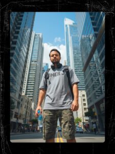 PROMPT
A hyper-realistic, cinematic low-angle portrait of a young man standing confidently in the middle of a modern city street, surrounded by towering skyscrapers curving inward toward the sky. He wears a casual oversized gray t-shirt with bold lettering text OMER J, camouflage cargo shorts, and carries a backpack. Black headphones rest around his neck, and he holds a water bottle in one hand. The lighting is natural and dramatic, with clear blue skies and scattered clouds above, emphasizing the sense of scale and urban energy. The composition creates a powerful, larger-than-life perspective, making the subject appear heroic and adventurous-with ultra-detailed textures in clothing, skin, and architecture.