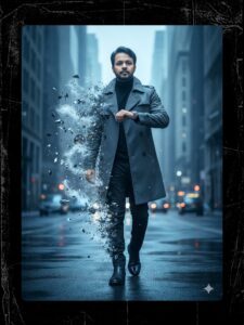 PROMPT
Edit this image to show a man walking forward on a rain-slicked urban street, positioned in the center-lower third of the frame, captured in a dramatic three-quarter view. He's wearing a sophisticated charcoal gray trench coat over a black turtleneck and dark fitted trousers, with polished black leather boots. His hand is raised near his chest in a contemplative gesture, checking his watch. The left side of his body is dramatically disintegrating into an explosive dispersion effect-swirling smoke tendrils, ornate clockwork gears, shattered fragments, scattered papers, and metallic particles erupting outward in shades of silver, gray, and slate blue. The background features a misty urban canyon with towering buildings fading into a moody overcast sky. Cinematic depth of field with bokeh lights in the distance. Moody blue-gray color grading with high contrast. Photorealistic digital art style with surreal disintegration effects. 8K quality, dramatic lighting from above creating subtle highlights on the coat.