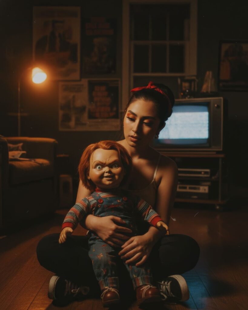 "Use my photo and create an image with my physical features without modifying anything, I want it to look realistic. The man is in his living room sitting on the floor, he has a puzzled and intrigued expression, he is holding Chucky on his lap, use the doll's real appearance. The scene should look like a horror movie with lighting and atmosphere reminiscent of 90s films