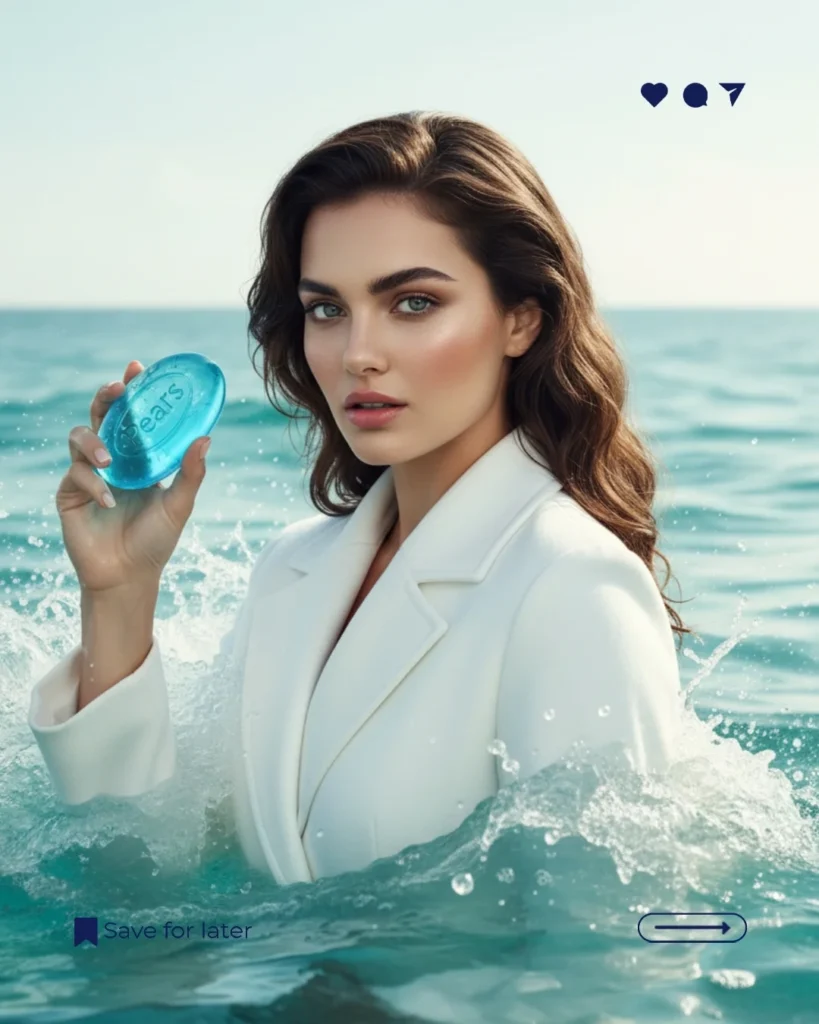 Gemini Prompt
"Stunning editorial 4k portrait of a young woman with wavy hair and flawless makeup, wearing a bright white coat and emerging dramatically from the ocean. Turquoise ocean waves crash and swirl around her as she rises above the surface, holding a translucent blue Pears Soft & Fresh soap bar in her hand with the logo clearly visible. The background features an expansive, sunlit ocean horizon under a soft, open sky, adding a sense of freedom and freshness. The lighting is natural and luminous, highlighting the energy of the ocean scene and the glossy texture of the soap. She is the focal point, exuding confidence and modern elegance in a bold, refreshing campaign image."