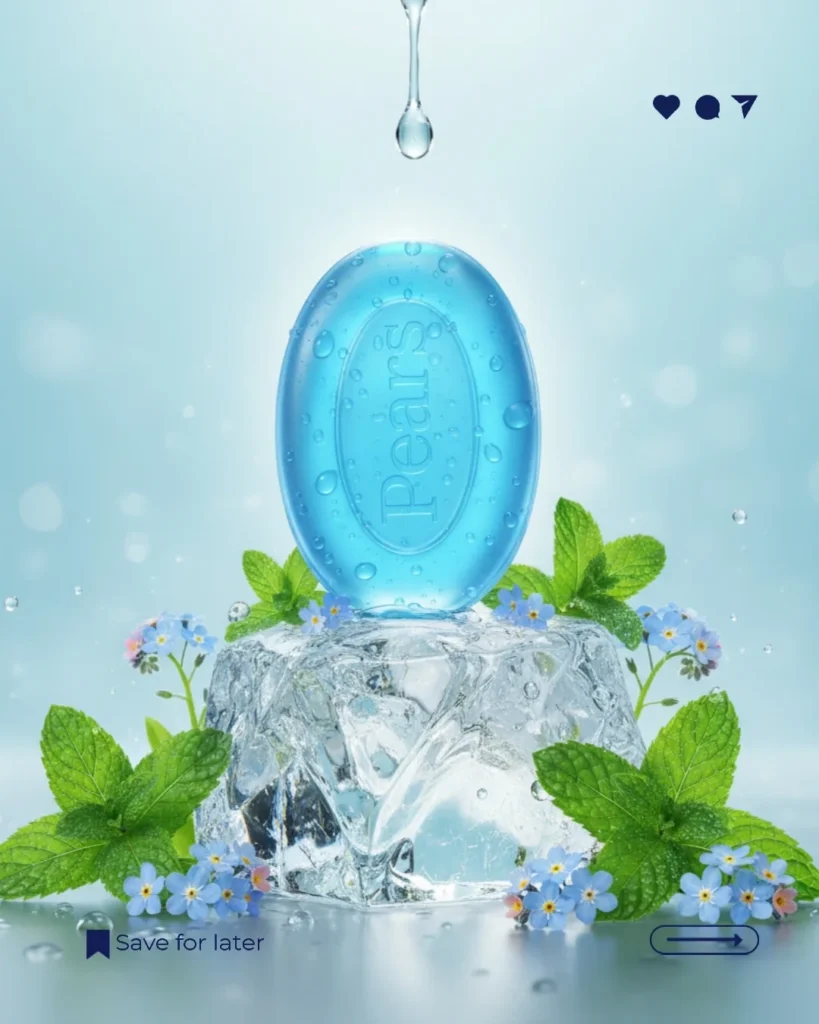 Gemini Prompt
"Delicate, premium product photo inspired by skincare advertising. Center a translucent blue Pears Soft & Fresh beauty bar perfectly upright atop a frosty clear ice crystal, surrounded by sprigs of lush green leaves and small blue flowers for a botanical touch. The background features a soft, misty gradient in cool blue tones, with gentle water droplets falling from above and subtle dewdrops on the ice below. The lighting is bright and diffused, creating a fresh, airy look with delicate reflections and shadows. The composition is elegant, clean, and calming, focusing on natural freshness and hydration, with the Pears beauty bar as the central hero in 4k."